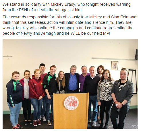 OgraSFNewry's tweet photo. Solidarity to @MickeyBrady4MP in the face of a senseless and cowardly death threat. Onwards and upwards! #Brady4MP http://t.co/asDWdvSwrb