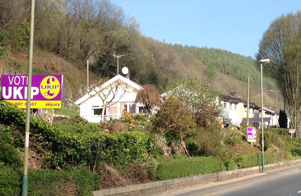 GouldSam's tweet photo. #GoPurple #Llanbradach #VoteUKIP signs are out in force #UKIP #UKIP2015 #GE2015 #Caerphilly http://t.co/Z15fkvn0MF