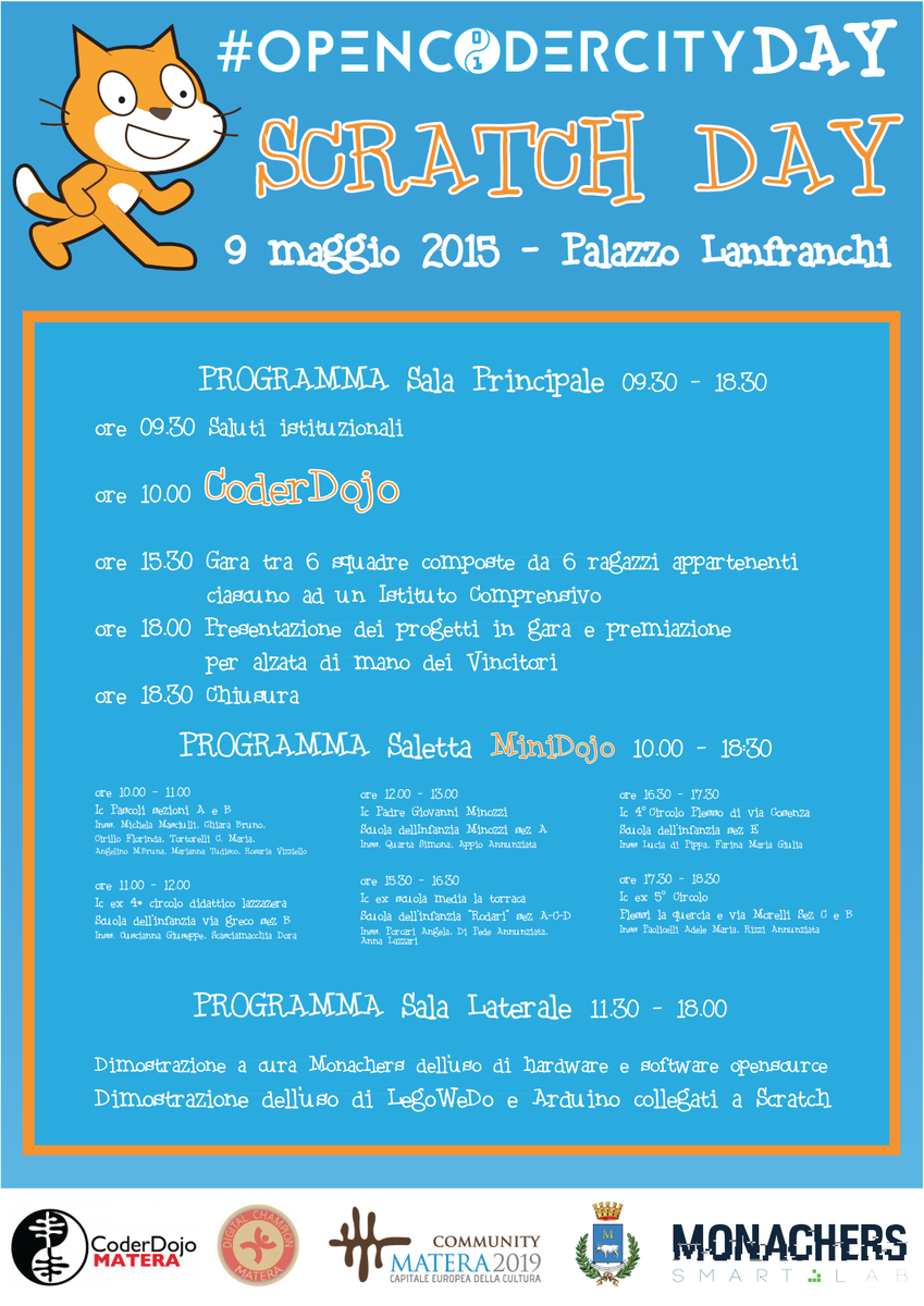 Piersoft's tweet image. Ecco il programma dello #scratchdaymatera .Concludiamo anche il progetto #opencodercity con TUTTE le scuole di Matera