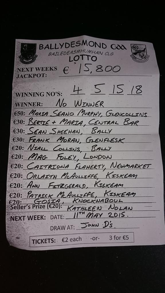 ballydesmondgaa's tweet photo. No winner of tonight's Bally Lotto. Lord God they were simple numbers. Can ye get 'em next week?  Buy a ticket.  RT http://t.co/A9c1sxJB5s