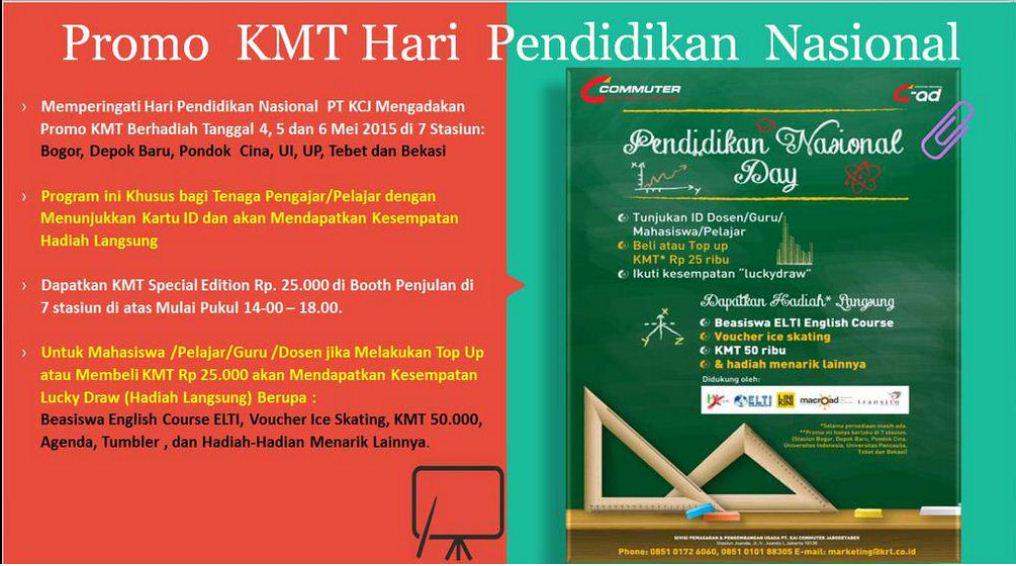 CommuterLine's tweet photo. Promo KMT Memperingati Hari Pendidikan Nasional Khusus utk Guru/Dosen/Pelajar/Mahasiswa tanggal 4, 5 dan 6 Mei 2015 http://t.co/oE57s0Ww6s