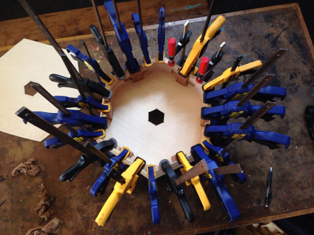 BarbMakesThings's tweet photo. attaching the top, using pretty much ALL the clamps at @reDiscoverCtr #Hexachord http://t.co/K81KV2txrf