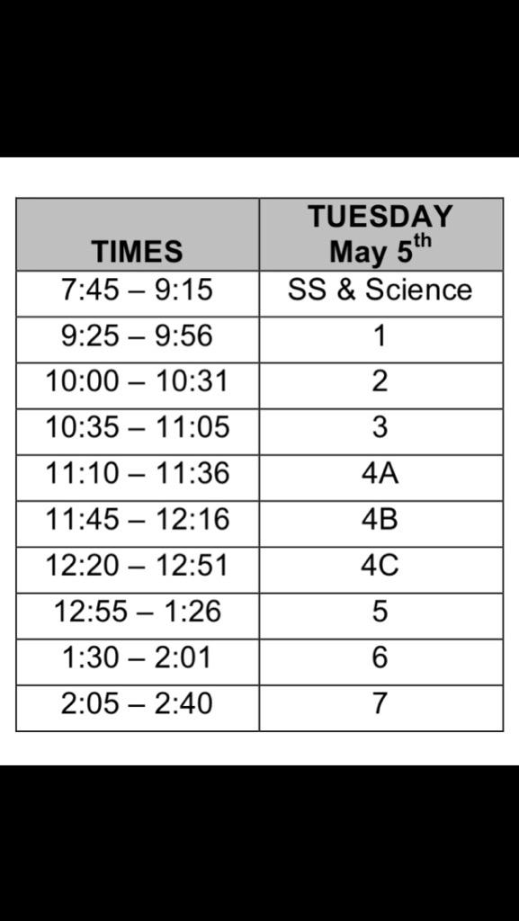 Last state testing day Tues. Students in Phys. Sci, U.S. His &amp; Gov't arrive <a href="/normal/">ryan</a> time. All others @ 9:15. Thank u!