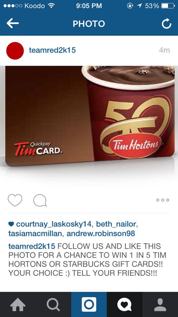 TeamRED2015's tweet image. GO FOLLOW TEAMRED2K15 ON INSTAGRAM (AND LIKE THIS PIC) FOR A CHANCE TO WIN 1 IN 5 TIM HORTONS OR STARBUCKS GIFT CARDS