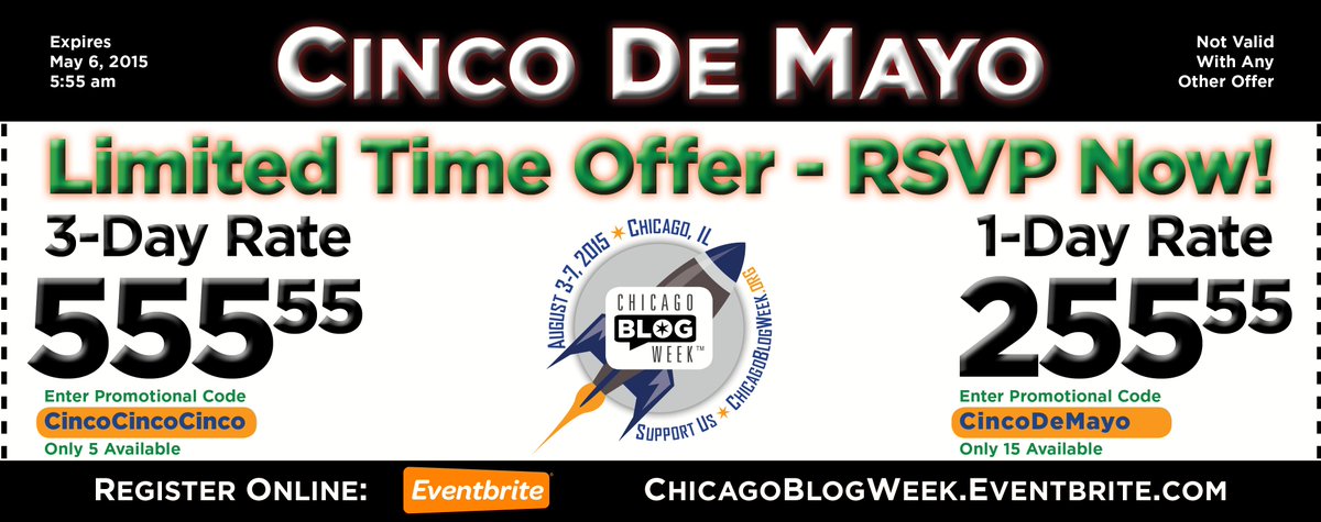 ChicagoBlogWeek's tweet image. #ChicagoBlogWeek #LimitedTimeOffer #Code 3-Day Rate $555.55 + 1-Day Rate $255.55 #CincoDeMayo IWNurl.com/555