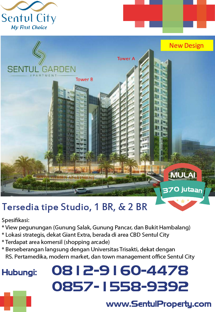 SentulProperti's tweet image. Jual apartemen Sentul Garden Apartment di Sentul City - Bogor. Tipe studio, 1 BR, dan 2 BR. SentulProperty.com