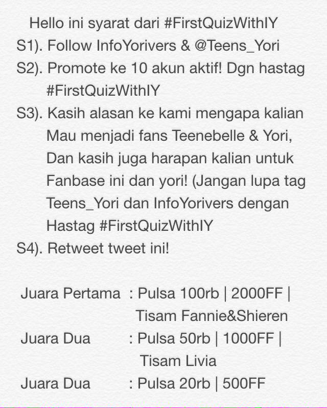 InfoYorivers's tweet photo. Ini ya syaratnya! Dibaca baik baik yaa ;) #FirstQuizWithIY http://t.co/x62JvAT9XQ