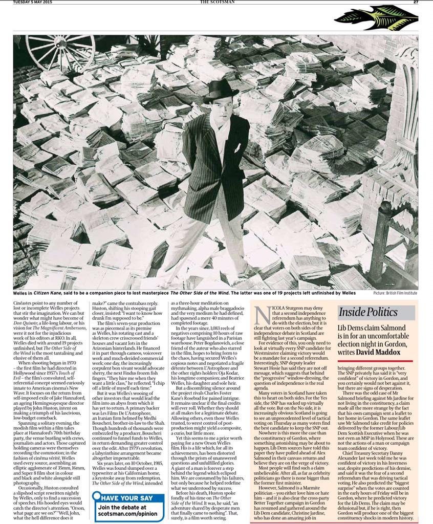 On the centenary of his birth, my <a href="/TheScotsman/">The Scotsman</a> column on Orson Welles &amp; his elusive final film m.scotsman.com/what-s-on/film…