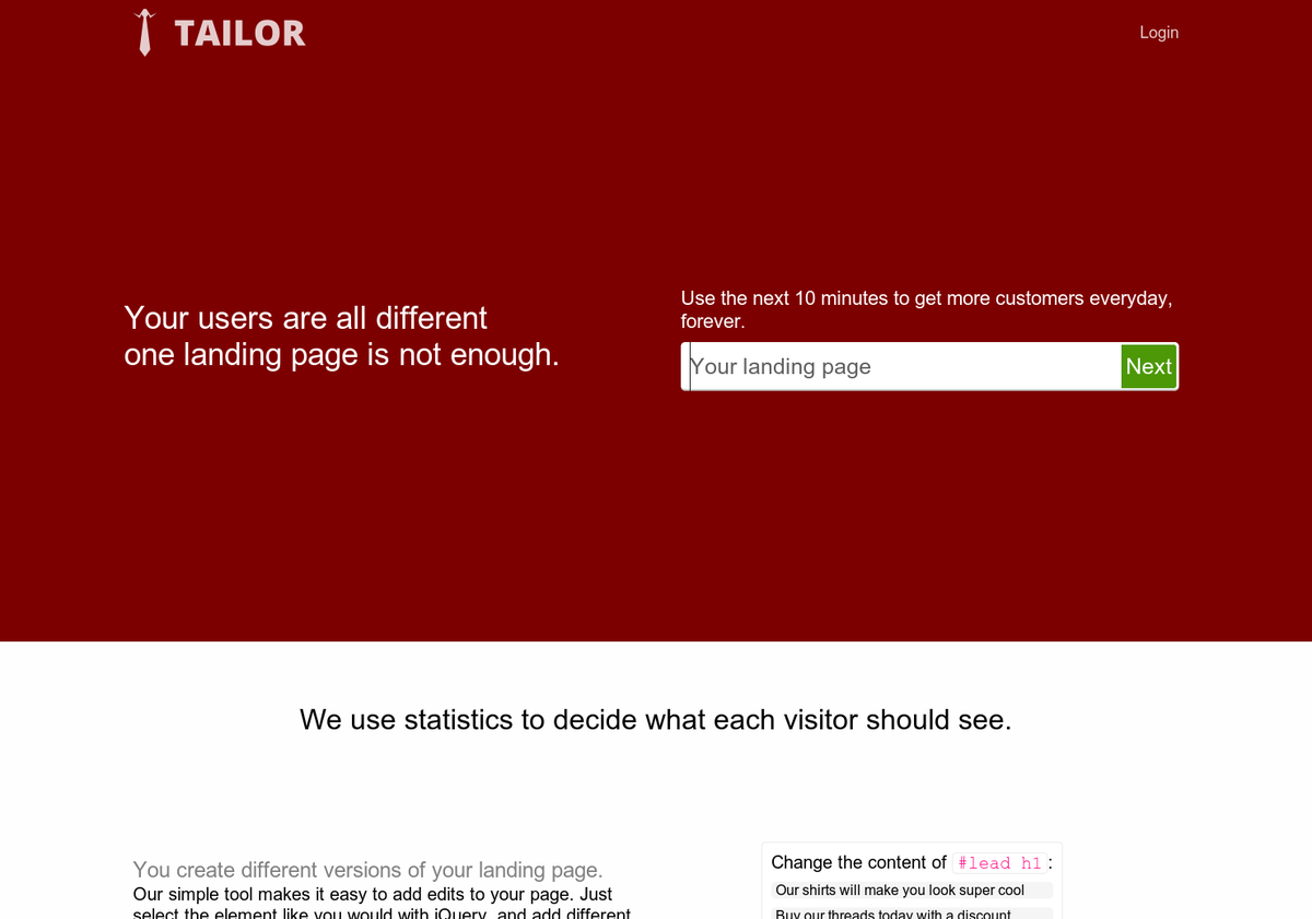 ProductHunt's tweet photo. Tailor : Show each visitor the best possible landing page http://t.co/sPb79yIb8G via @erictwillis on @producthunt http://t.co/bNNGriHhEO