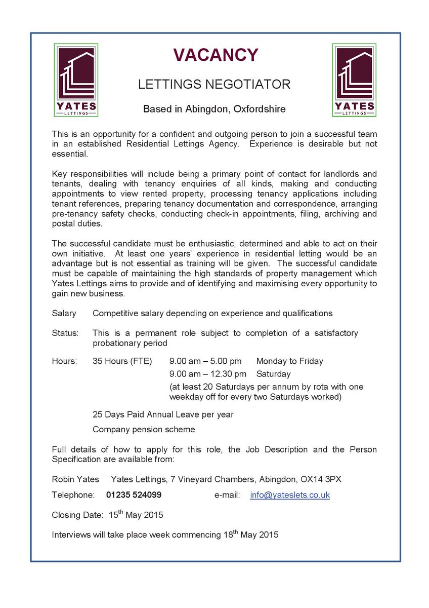 yateslets's tweet image. LETTINGS NEGOTIATOR
JOB VACANCY - ABINGDON-ON-THAMES. 
APPLY WITHIN
