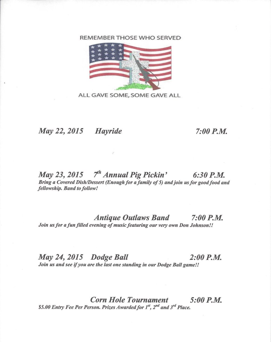 Join us Memorial Weekend for our 7th Annual Pig Pickin! Antique Outlaws Band! We still have a few overflow tent sites
