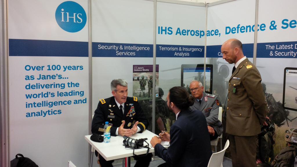 NickdeLarrinaga's tweet photo. Just been interviewing Lt Gen Nicholson, Commander of @NATO Land Command on the @IHS4DefRiskSec stand at #IDEF15 http://t.co/RHlhb3vDeT