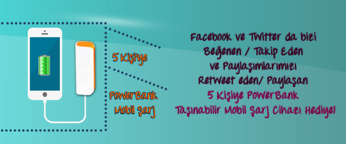 5 Kişi PowerBank Taşınabilir Mobil Şarj Cihazı Kazanıyor. Tek Yapmanız Gereken Takipte Kalmak. Bol Şans :)