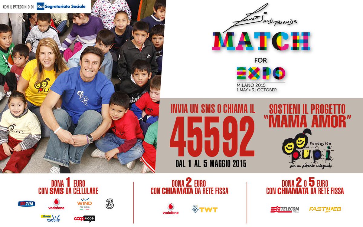 MatchforExpo's tweet photo. Anche oggi puoi inviare un sms al 45592 per donare 1€ a @FondazionePUPI! #MatchForExpo @javierzanetti http://t.co/JcP34rA5pH