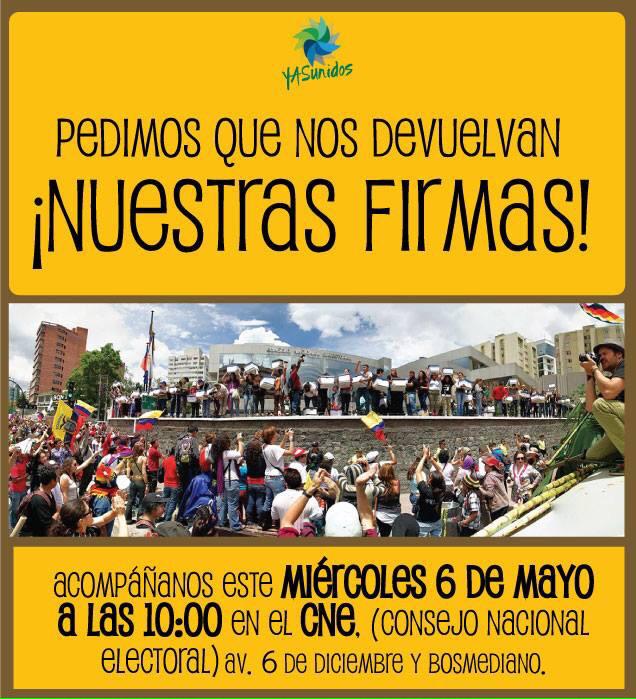 Yasunidos's tweet photo. ¡Acompáñanos! 

El @cnegobec nunca nos devolvió nuestras firmas, exigimos que lo hagan! http://t.co/1DO2thqfFz