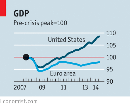TheEconomist's tweet photo. As the euro-zone slowly recovers investors are becoming excited about Europe again—too excited http://t.co/axTy3LusvC http://t.co/2XwkMLCsD0