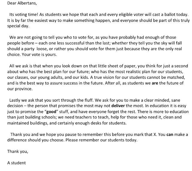 AB_StudentVoice's tweet photo. RT, and help give voters the choice to #vote4students ! @SOSAlberta @Paulatics @yotesvoice #abed #abvote @KikkiPlanet http://t.co/xi9S7QNAaI