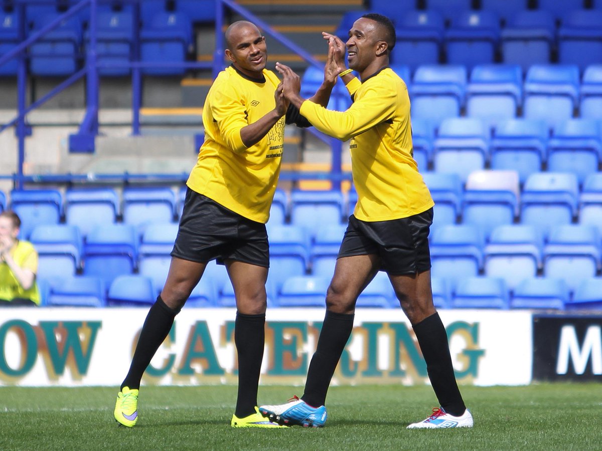 GoodysGame's tweet image. Ricardo Fuller scores the first of his three goals before being congratulated by Rudy Austin #GoodysGame