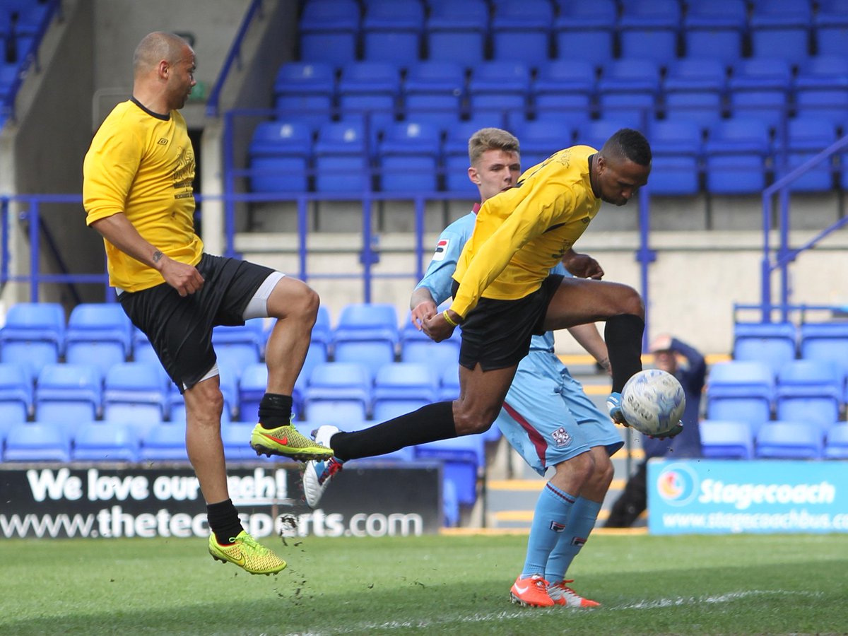 GoodysGame's tweet image. Ricardo Fuller scores the first of his three goals before being congratulated by Rudy Austin #GoodysGame
