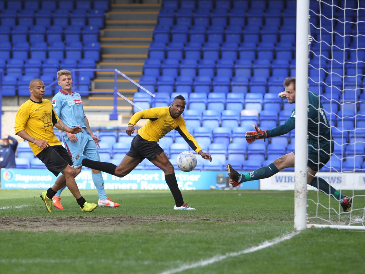GoodysGame's tweet image. Ricardo Fuller scores the first of his three goals before being congratulated by Rudy Austin #GoodysGame