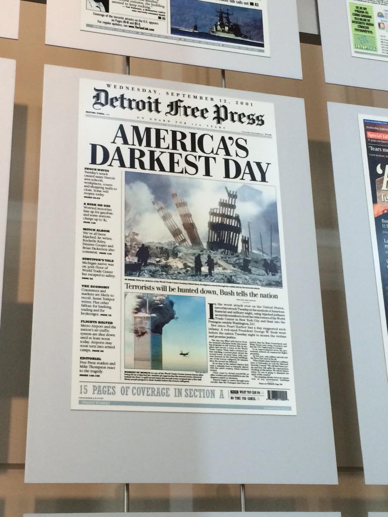 cwong2015's tweet photo. The front page of the Detroit Free Press features the tragic event of 9/11. #dcskylion http://t.co/UOlJC3QebP