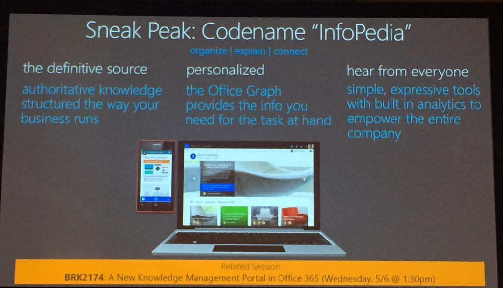 O365Updates's tweet photo. #office365 #msignite infopedia based on dept. groups and articles to share information http://t.co/enbV8uAs3Y