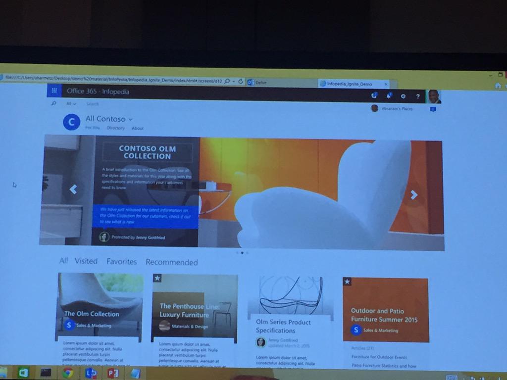 O365Updates's tweet photo. #office365 #msignite infopedia based on dept. groups and articles to share information http://t.co/enbV8uAs3Y