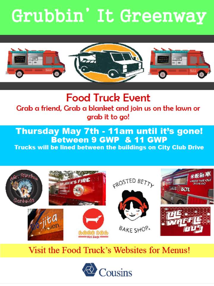 Thu May 7 Grubbin it Greenway Plaza Food Truck Event 11am til @firetrucktx <a href="/Phojita1/">Pho-jita Fusion</a> <a href="/GoodDogHouston/">Good Dog Houston</a> @TheWaffleBus