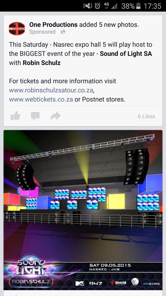 MikaStefano's tweet photo. This Saturday - #SoundOfLightSA is the ONLY place you wanna be in Johannesburg. Can not wait for @robin_schulz http://t.co/BSVbG8bgB2