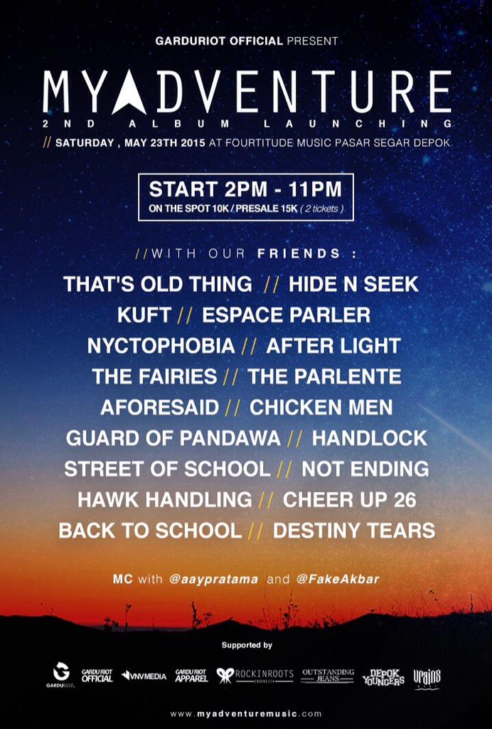 Let's see! Kami akan meramaikan acara <a href="/myadventurerawk/">MYADVENTURE</a> 2nd Album Launching pada tanggal 23 Mei di Fourtitude PSD.