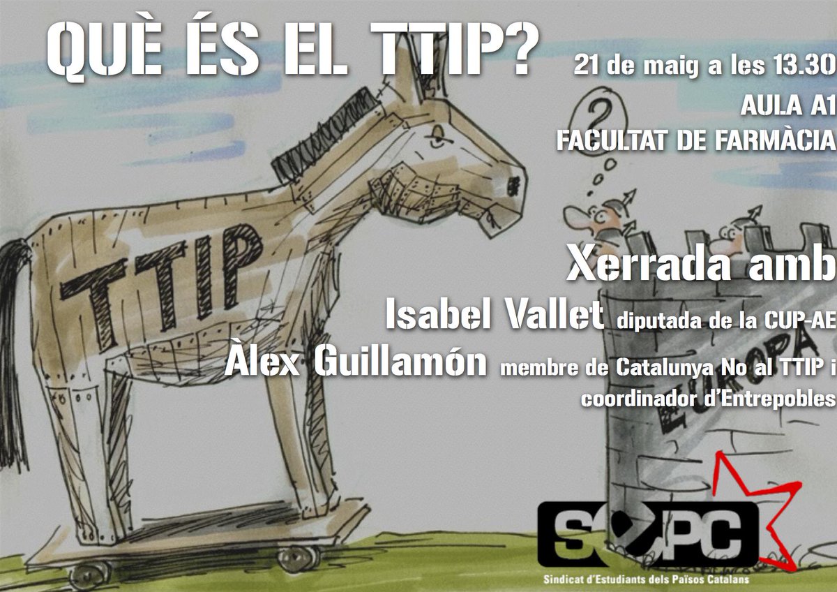 Dijous 21 de maig xerrada sobre el #NoalTTIP amb <a href="/ivallets/">Isabel#EnsVolemVives</a>, diputada CUP-AE i Àlex Guillamón, coord. d'entrepobles