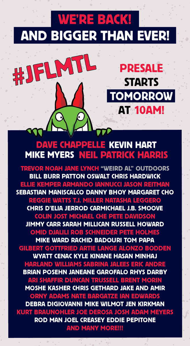 justforlaughs's tweet photo. IT’S FINALLY HERE!!! Just For Laughs 2015 Lineup #JFLMTL MORE TO COME! http://t.co/Qhx37FwtNr http://t.co/5avDTjtXIw