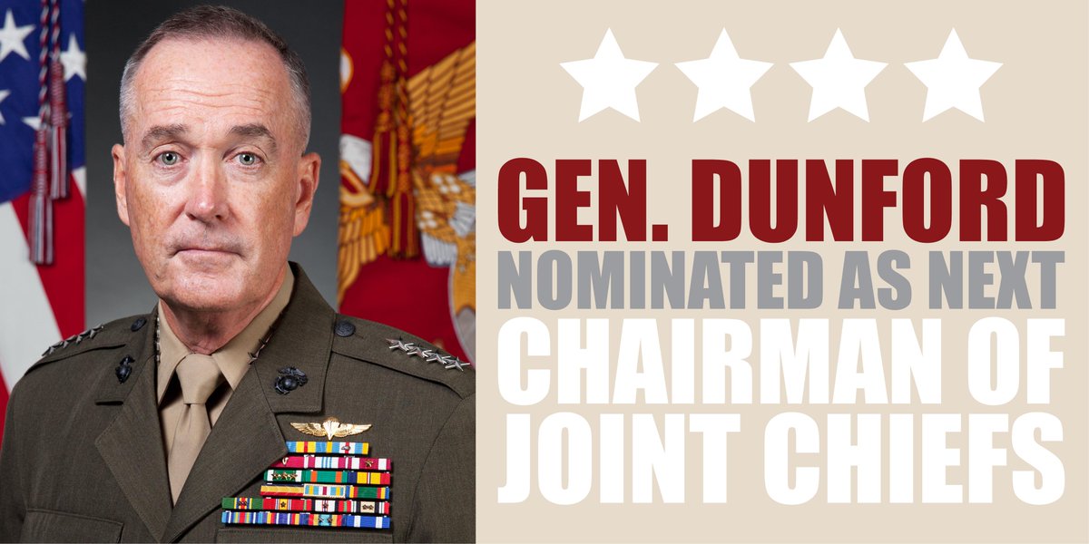 USMC's tweet photo. JUST NOW: Pres. @BarackObama nominated @GenDunford as the next Chairman of the Joint Chiefs of Staff.

Ooh-rah, Sir! http://t.co/K7q1pRPwvW