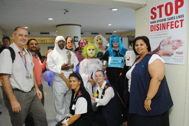 LC_WCHealth's tweet photo. The Infection Prevention &amp; Control Staff of Tygerberg Hospital with some of the characters at the Hand Hygiene Relay http://t.co/u01ZqxzOts