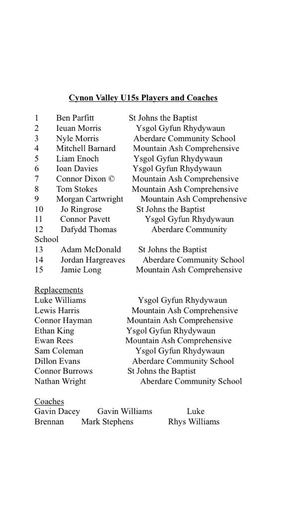 CVSRU's tweet photo. Here is your Cynon Valley squad to take on Carmarthen schools at Parc Y Scarlets tomorrow night #CVSRU http://t.co/EBe3NJXp1Z