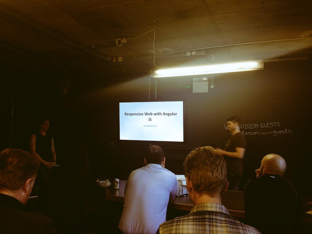 koss_'s tweet photo. On the dublin js meetup at @intercom with @VladimirSachek @EKulabuhov @ansyna listening to @sarahd0ran talk http://t.co/hdPjO5nagc