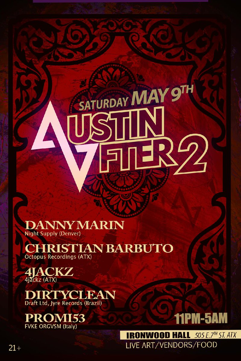 DIRTYCLEANSOUND's tweet photo. DIRTYCLEAN @AustinAfter2 at IRONWOOD HALL 5/9 in Austin from 11pm-5am! #atx #austintx #edm #dance #music #nightlife http://t.co/Km2CiabqtP