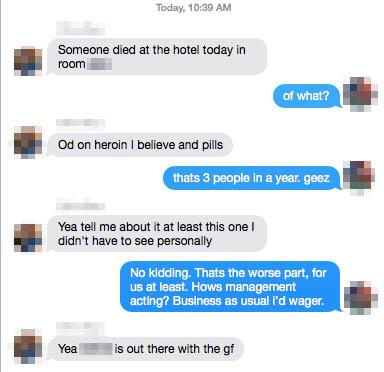 ShittyHotel's tweet photo. My coworker texted me, someone #overdosed on #drugs &amp; #died at the #shittyhotel today. #FML #hoteljobs #hotelbusiness http://t.co/9VVJpjY2Wq