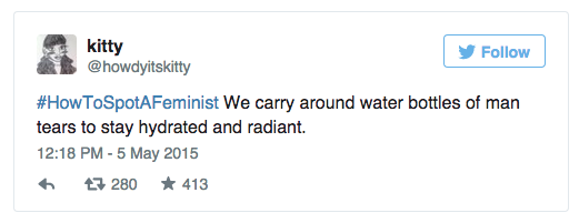 BuzzFeed's tweet photo. Feminists are taking over the #HowToSpotAFeminist hashtag http://t.co/CswnTwEO91 http://t.co/PzPxhEk1ED