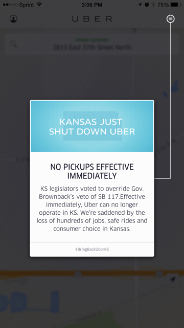 KWCH12's tweet photo. KS Senate overrides veto of #Uberbill: Uber shuts down in the state. http://t.co/02ULhLR4oZ http://t.co/dOMfxLhwX7