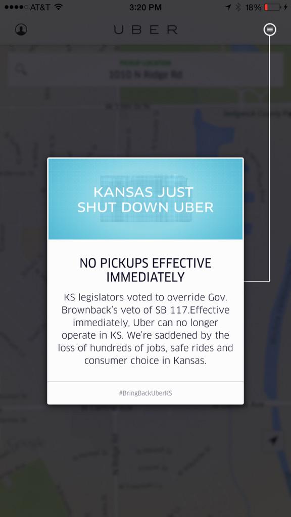 BenJordan3's tweet photo. Kansas senate overrides Brownback's veto on the #Uberbill. "No pickups effective immediately." http://t.co/BQS12KQah7