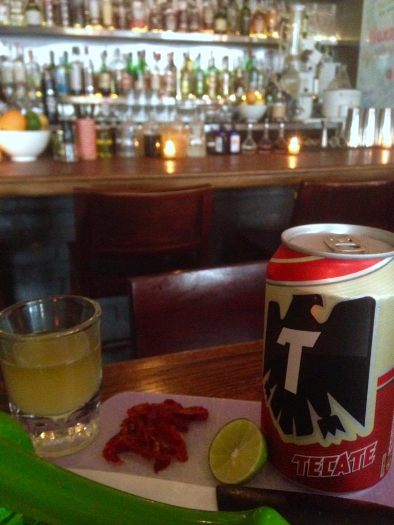 BDX Boilermaker-Sun dried tomato infused tequila, ghost chili tincture, key lime served with a Tecate back 
#Salud!