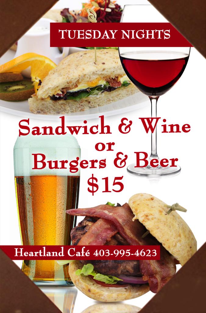 Join us every Tuesday night for Sandwich &amp; Wine or Burger &amp; Beer specials:
