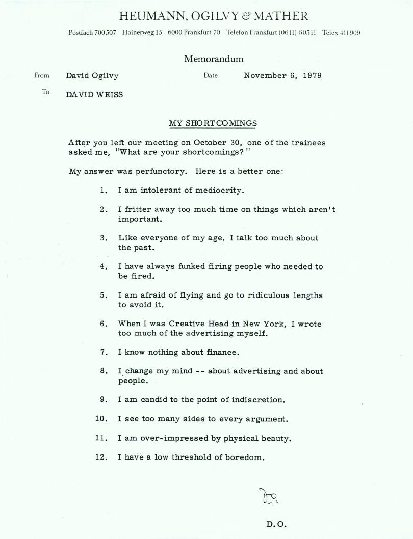 Ogilvy's tweet image. Everyone has their weaknesses. David Ogilvy outlines his in this 1970s memo bit.ly/1Ra4kr5