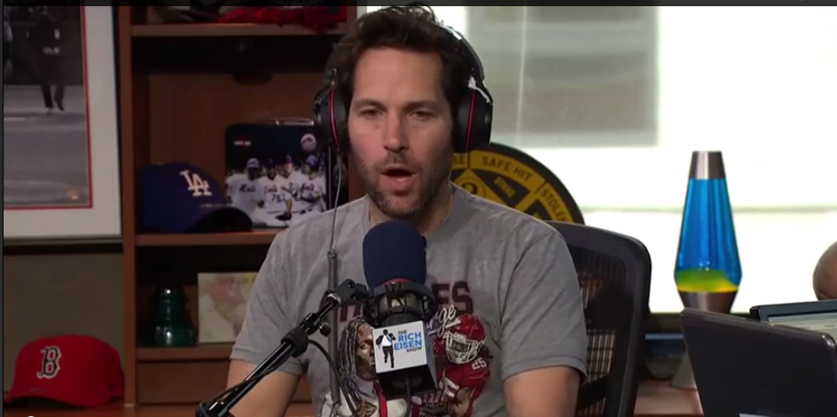ArrowheadPride's tweet photo. Paul Rudd wears Berry Strong shirt in first half of Rich Eisen show, Charles in Charge shirt in second half http://t.co/eT9zrNTcKt