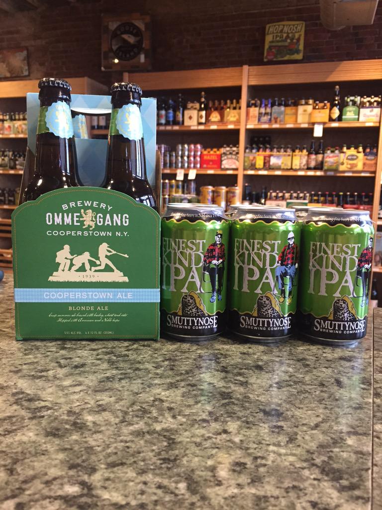 Oldportspirits's tweet photo. New #SmuttyNose finest kind #ipa six packs of cans and #Cooperstown #blondale from #Ommegang http://t.co/nCwlPupDri