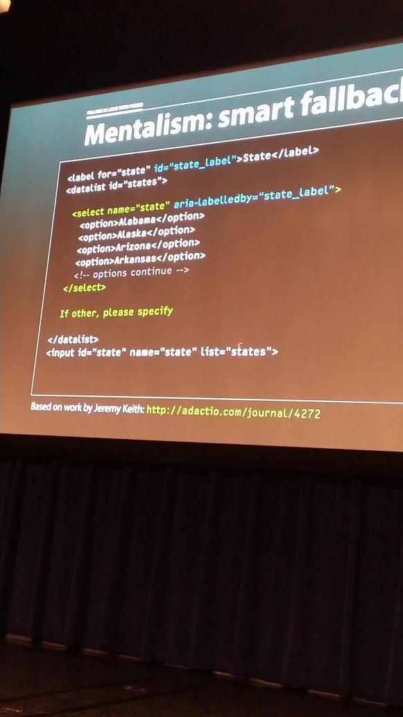SaraSoueidan's tweet photo. Woah. So much about forms I didn't know. #msedgesummit clever clever technique @adactio via @AaronGustafson http://t.co/H51aAWTzhz