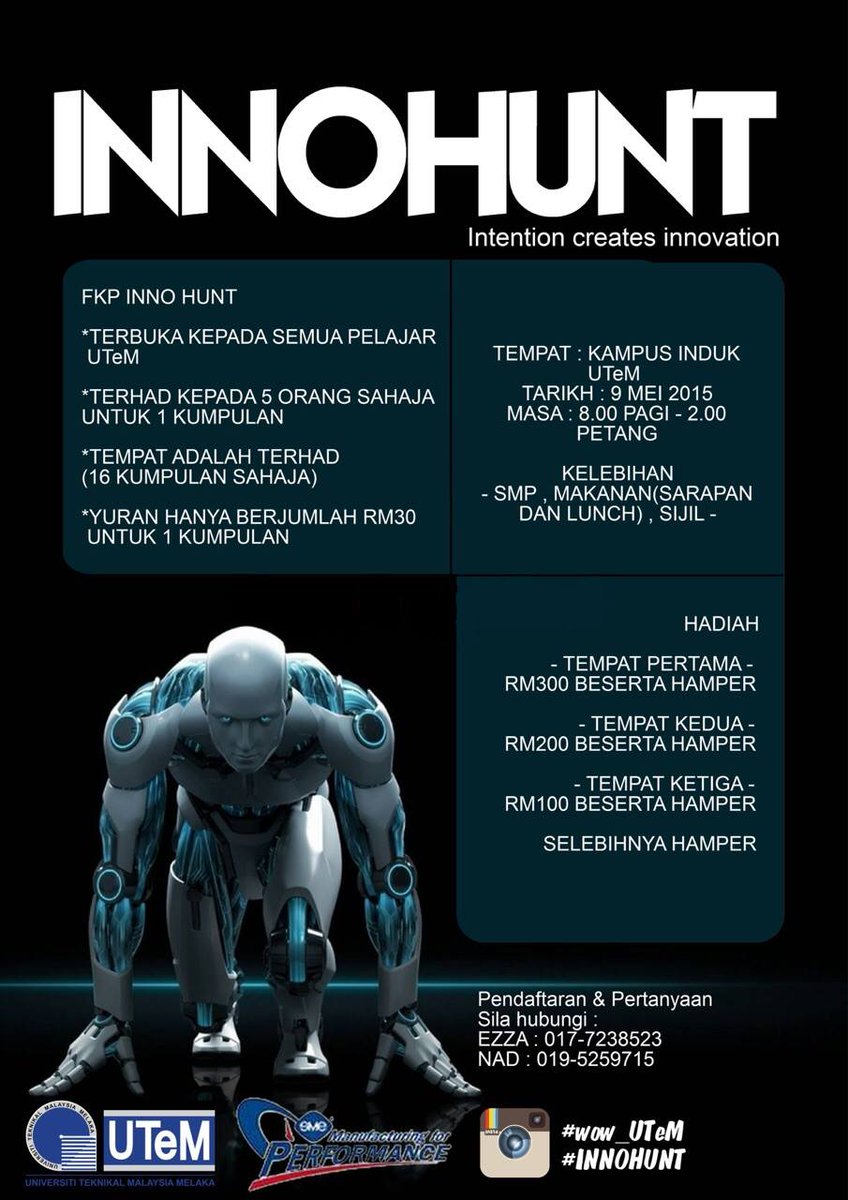 MPPUTeM's tweet photo. [MPP UTeM]
Hebahan Program Innohunt Intention Creates Innovation Anjuran SME FKP

https://t.co/KKSNROABFM http://t.co/CHJ9CoAZC2