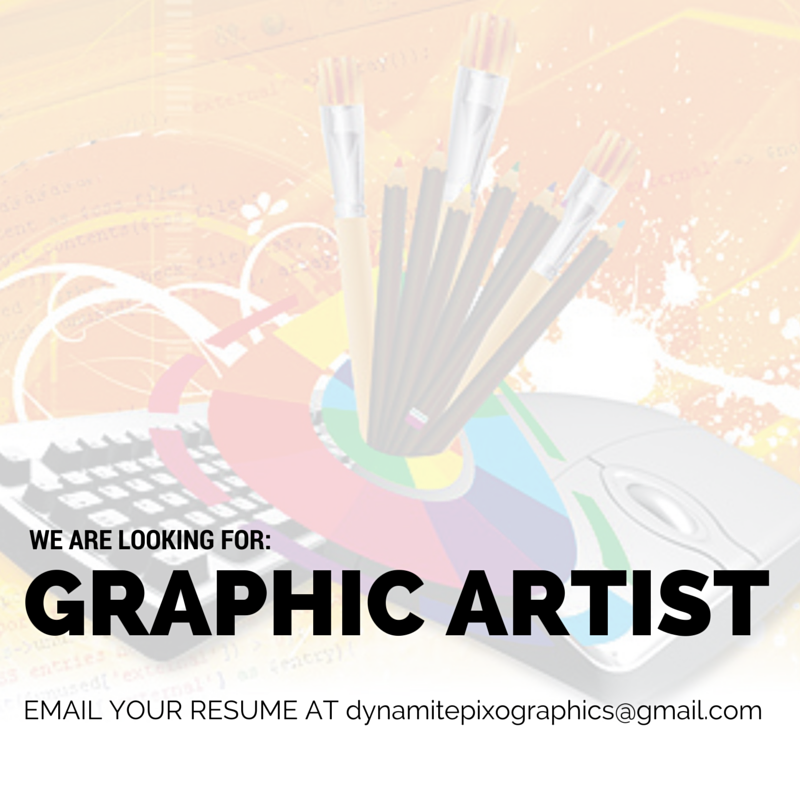 iamjohnprats's tweet photo. Are you a Graphic Artist and looking for a job? Email us your resume at dynamitepixographics@gmail.com http://t.co/2XzIUDOz7u