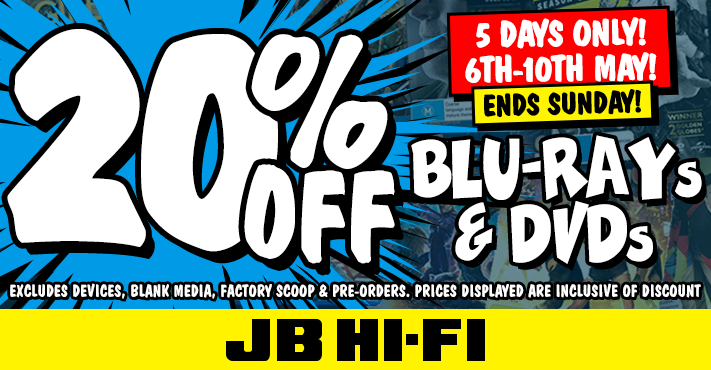 JBHiFi's tweet photo. Get 20% off Blu-Rays and DVDs for 5 days only at JB Hi-Fi!
Available instore and online.
https://t.co/uw8033FGAX http://t.co/1QEBBtT2HB